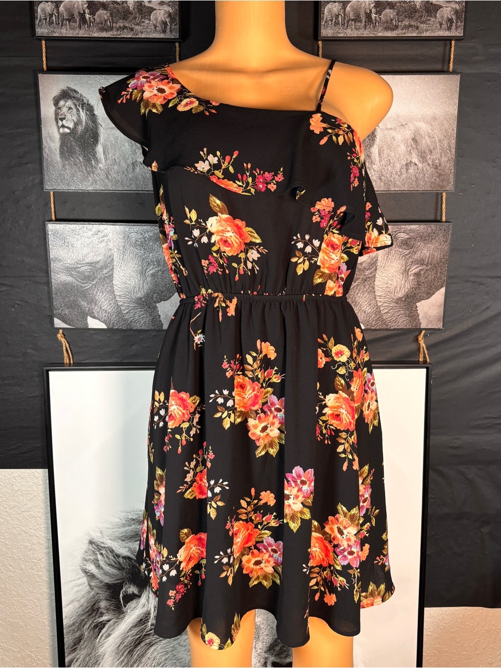 Monteau Black One-Shoulder Floral Sundress
